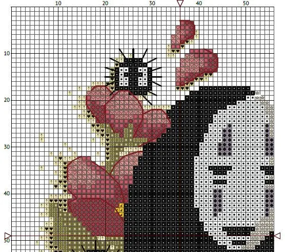 Cross-stitch pattern no face and flowers on a grid background