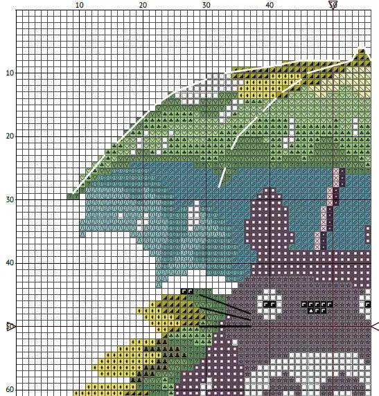 Cross stitch pattern a cat totoro with umbrella design on a grid background