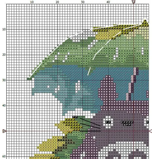Cross stitch pattern a cat totoro with umbrella  design on a grid background